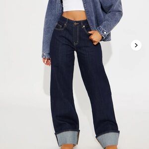 Premium Cuffed Straight Leg Jeans - Dark Wash